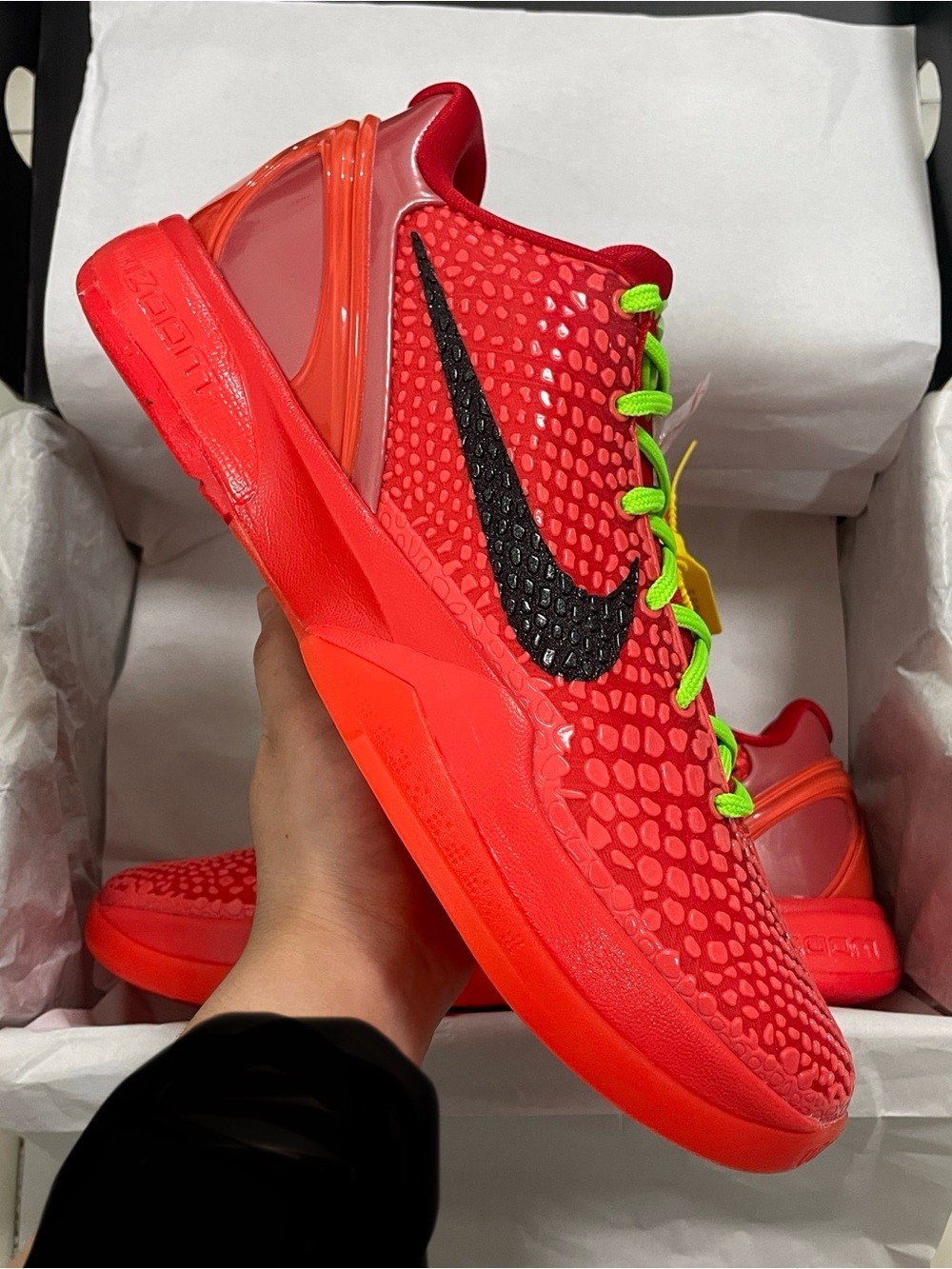 Nike kobe Bright Red Sneakers with Black Swoosh and Neon Green Laces